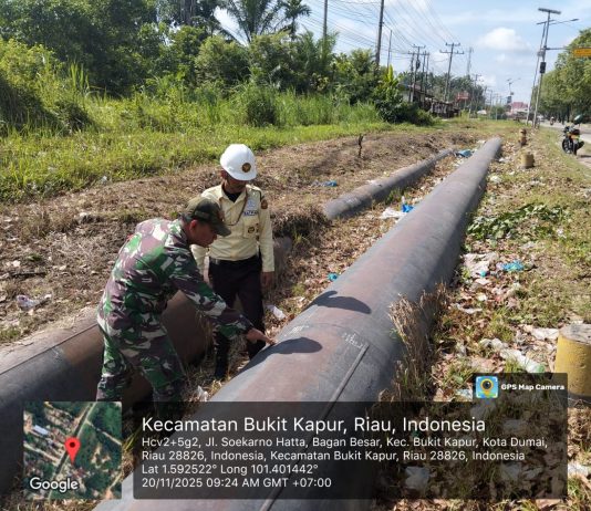 Pengamanan Jalur Pipa, Babinsa dan SKK Migas Intensifkan Patroli di Kecamatan Bukit Kapur