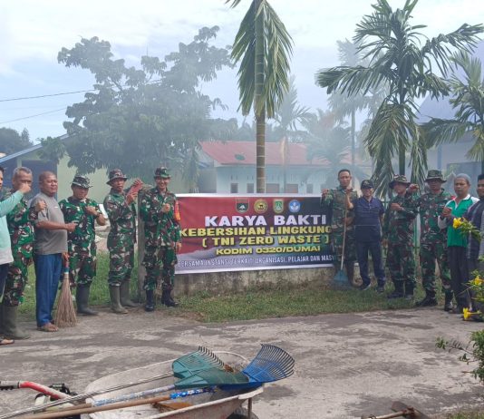 Kodim 0320/Dumai Gelorakan TNI Zero Waste, Karya Bakti Bersihkan Jalan Pendidikan Bukit Kayu Kapur