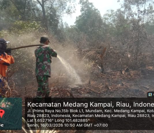 Babinsa Koramil 02/Bukit Kapur Bersama BPBD Laksanakan Pendinginan Lahan Pasca Kebakaran di Kelurahan Mundam