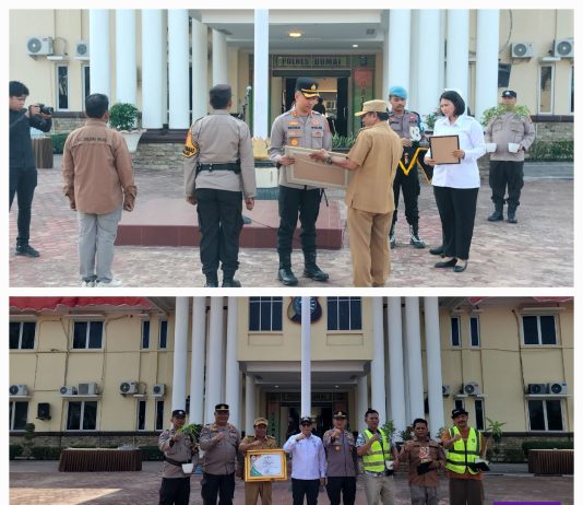 Kapolres Dumai AKBP Fatikh Dedy Setyawan Serahkan Piagam Juara 3 Lomba Satkamling Tingkat Polda Riau kepada Kelurahan Tanjung Palas